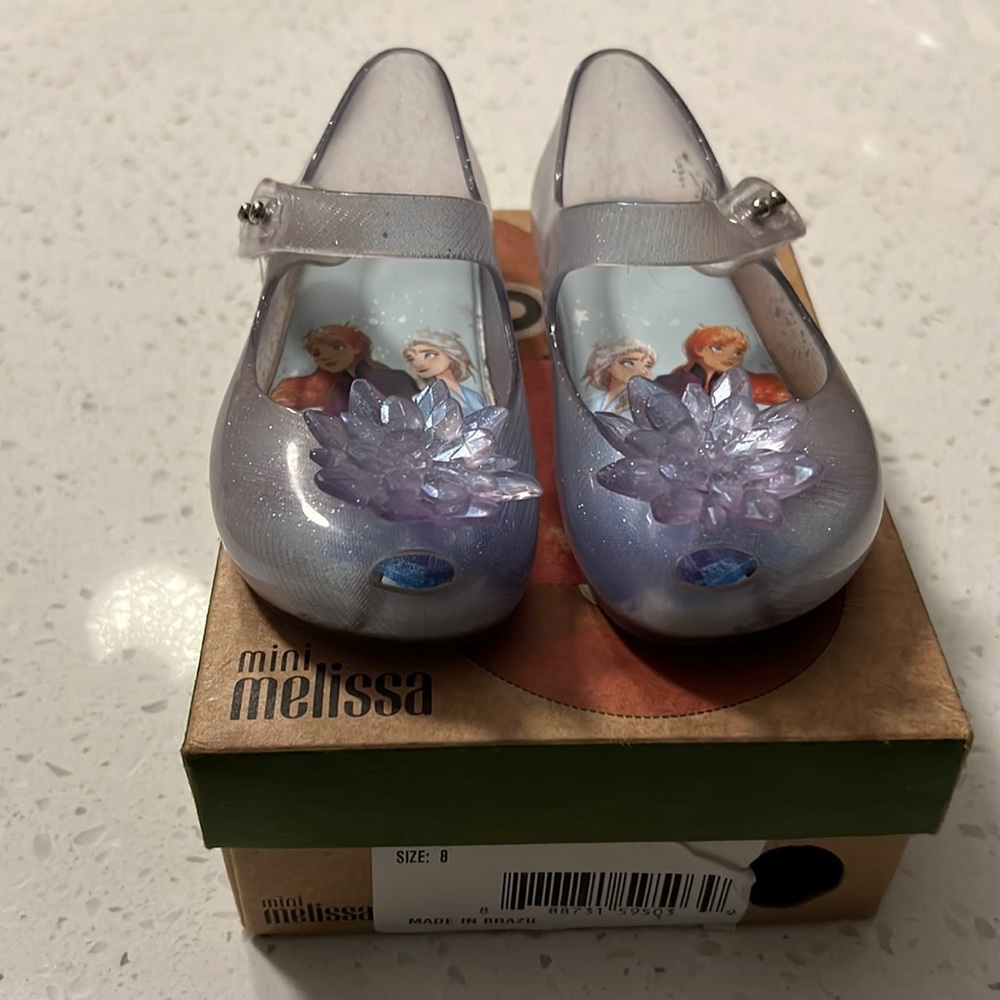 Mini Melissa Ultra Glass Glitter Blue Frozen theme toddler girl shoes in size 8
